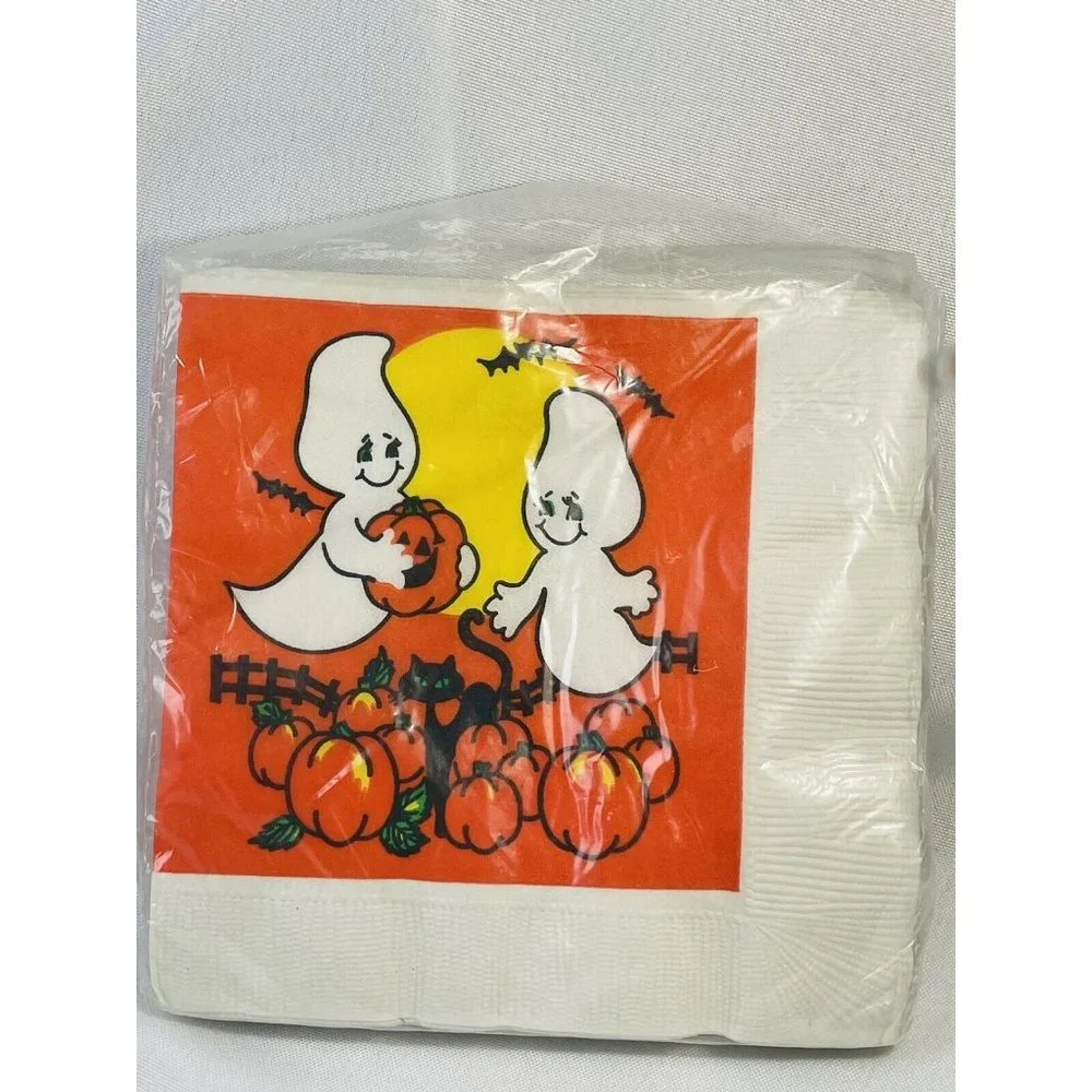Vintage Halloween Orange Pumpkin Bat Ghost Artfaire Beverage Napkins 16 3-ply